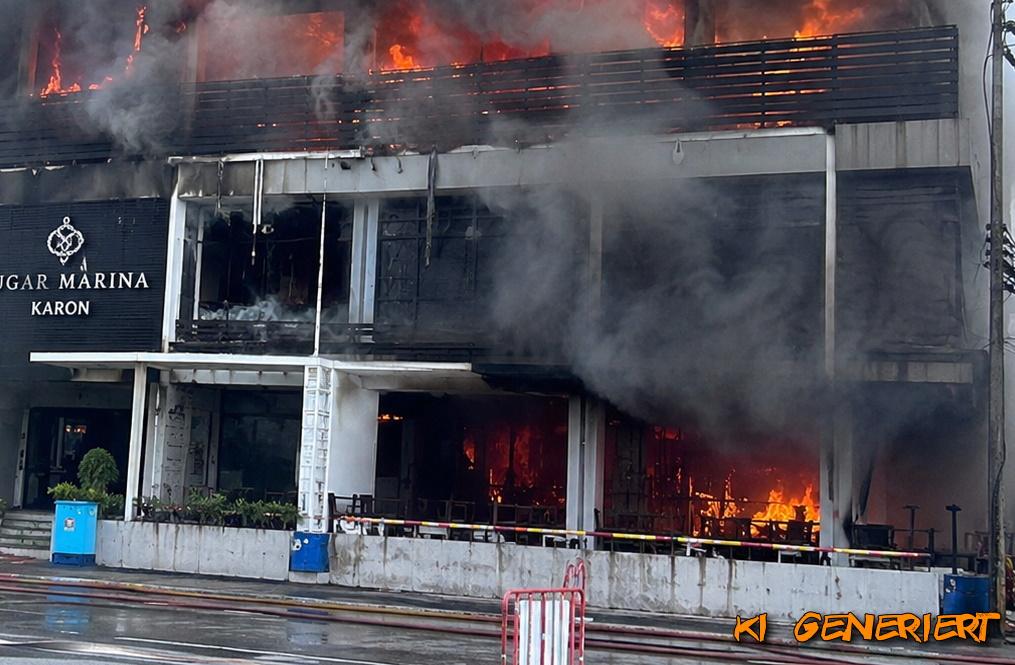 Feuer zerstört Restaurant und Spa auf Phuket - Ursache noch unklar - Karon Beach: Flammen schlagen aus Gebäude neben dem Beyond Kata Hotel Symbolfoto 1