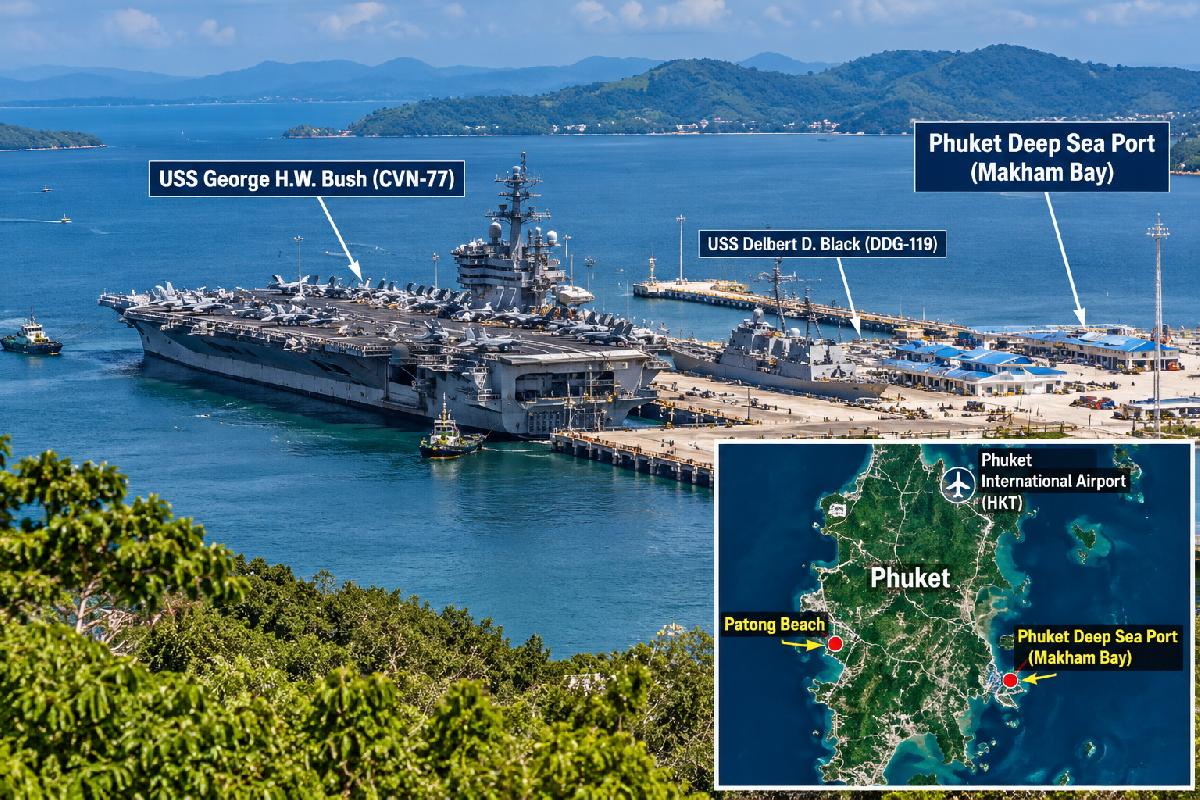 Schwimmende Kleinstadt vor Phuket - USS George H.W. Bush kommt - Patong stellt Getränke kalt: US-Flugzeugträger kommt, 5.120 Seeleute im Anflug Symbolfoto 1