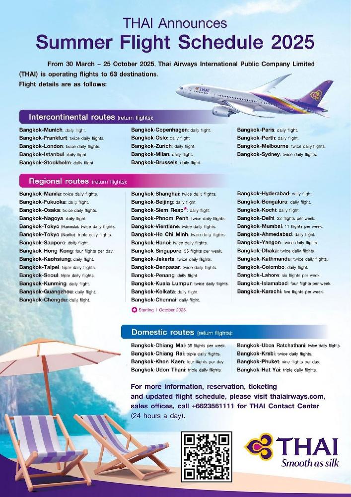 Sommerflugplan der Thai Airways vom 30.03.- 25.10.2025 Bild 1